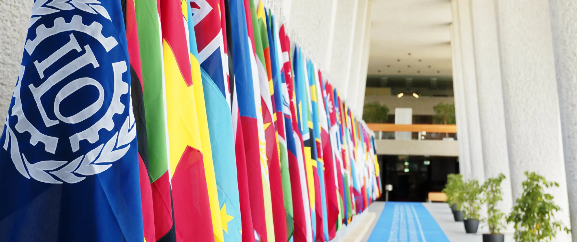 ILO office colonnades with flags