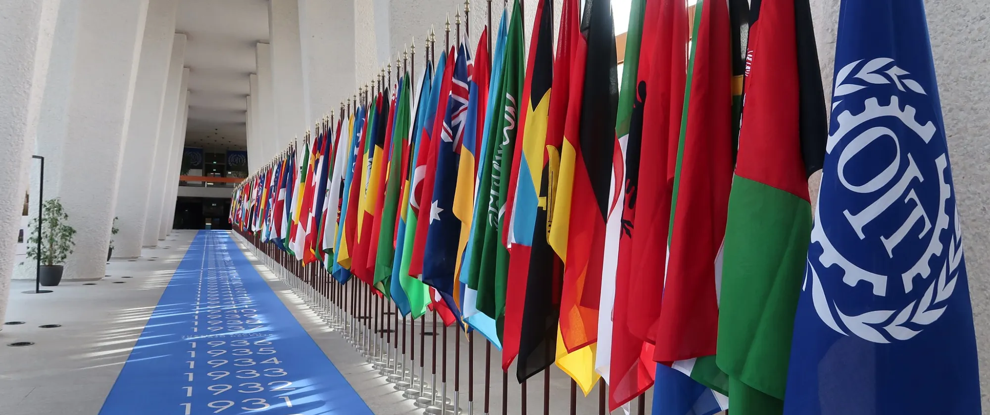 ILO headquarters colonnade with flags