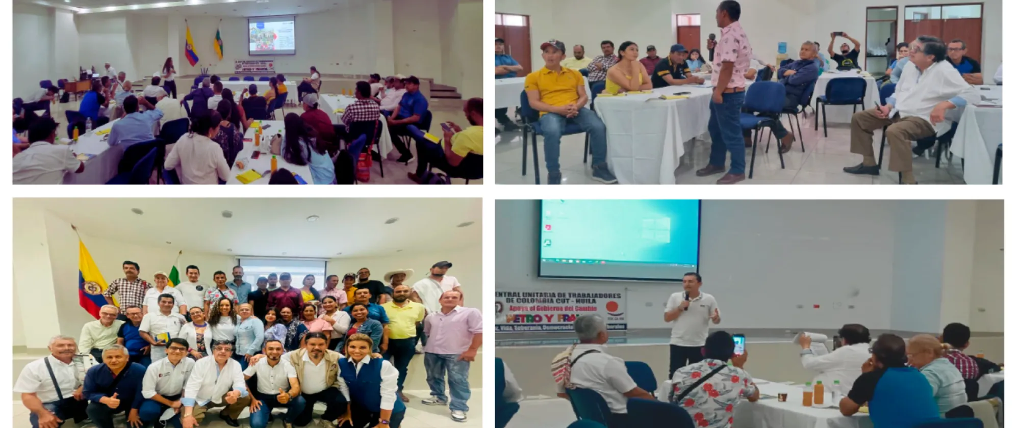 Collage de 4 fotos en las que se visibilizan diferentes momentos en la plenaria del evento y una foto grupal de los participantes.
