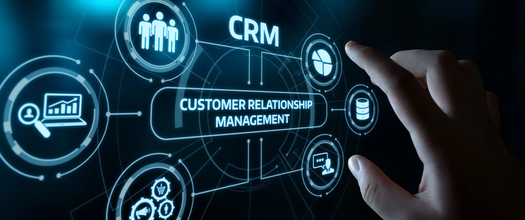 Hand pointing to a virtual overlay with Customer Relationship Management