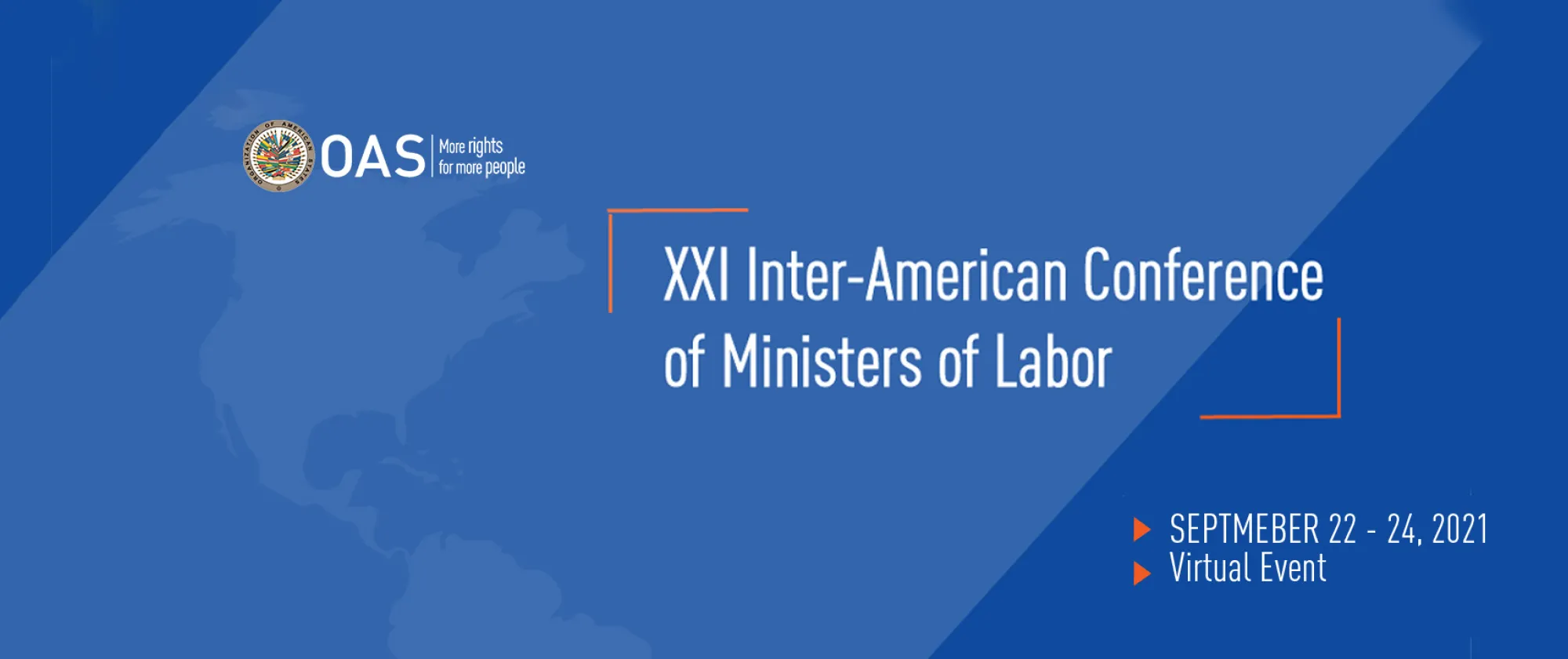Virtual meeting banner featuring a map of Latin America and the Cariibean and the words XXI Inter-American Conference of Ministers of Labor