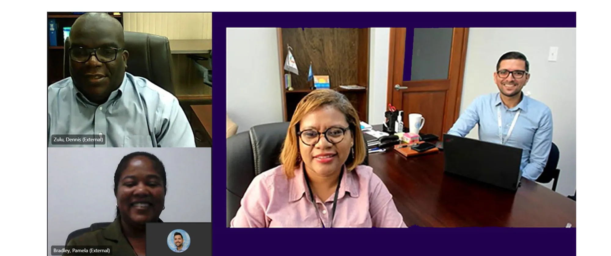 Four people in a virtual meeting