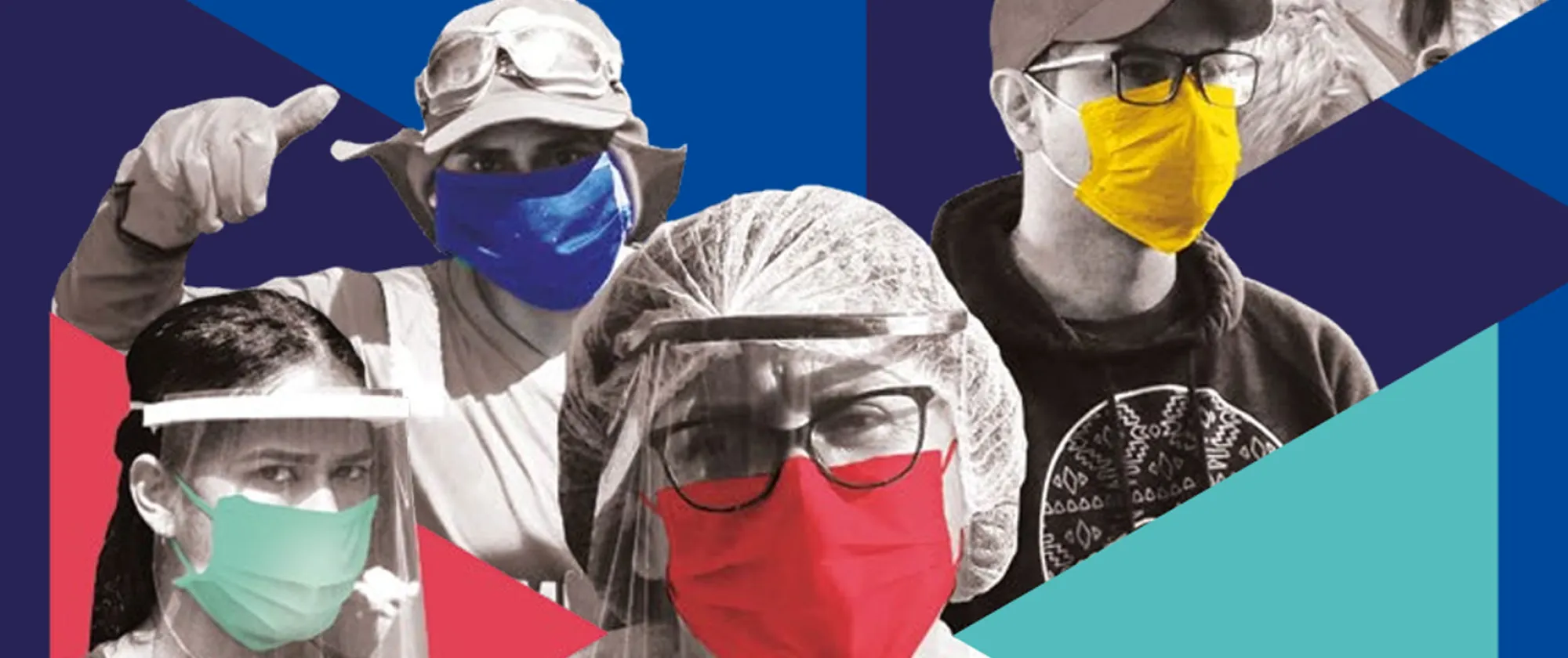Photos of working people wearing medical masks