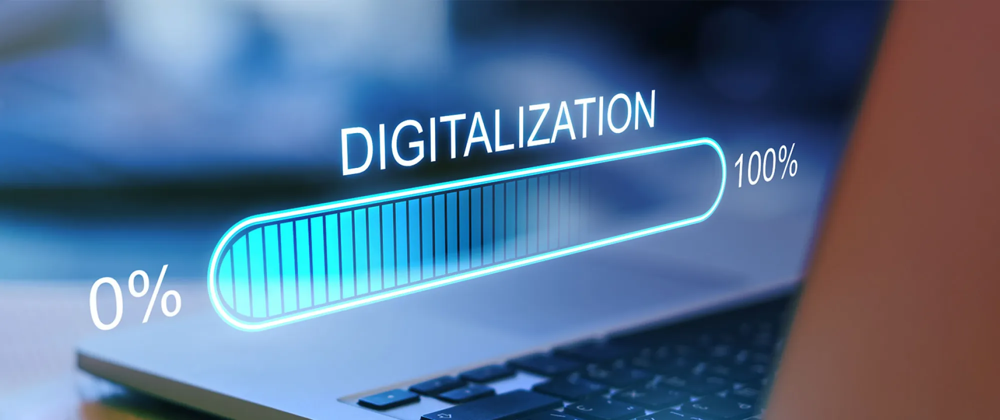 Digital world concept with hologram digitalization word and loading bar element icon on laptop keyboard background
