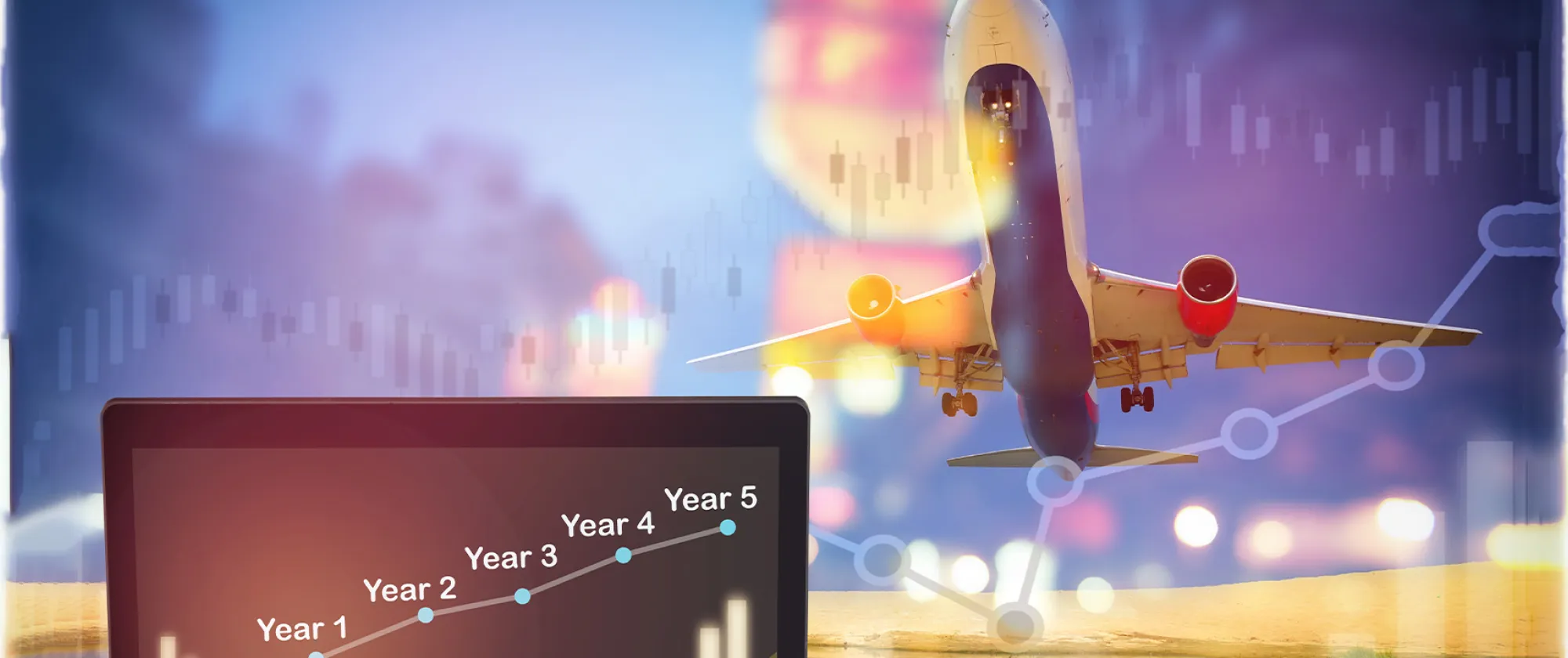 Stack of coins and five years growth graph on computer laptop on aircraft transportation background