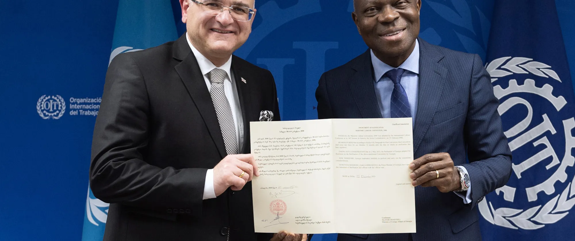 Ratification ceremony of the MLC, 14 February 2024: H.E. Permanent Representative of Georgia, Ambassador Alexander Maisuradze and Gilbert F. Houngbo, Director-General of the ILO