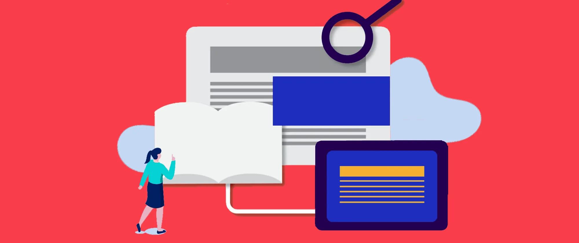 Different documents and a magnifying glass placed on a red background.