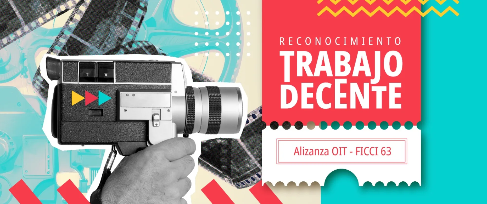 Mano sosteniendo una videocámara antigua con la inscripción Reconocimiento Trabajo Decente. Imagen oficial del certamen del Festival de Cine de Cartagena