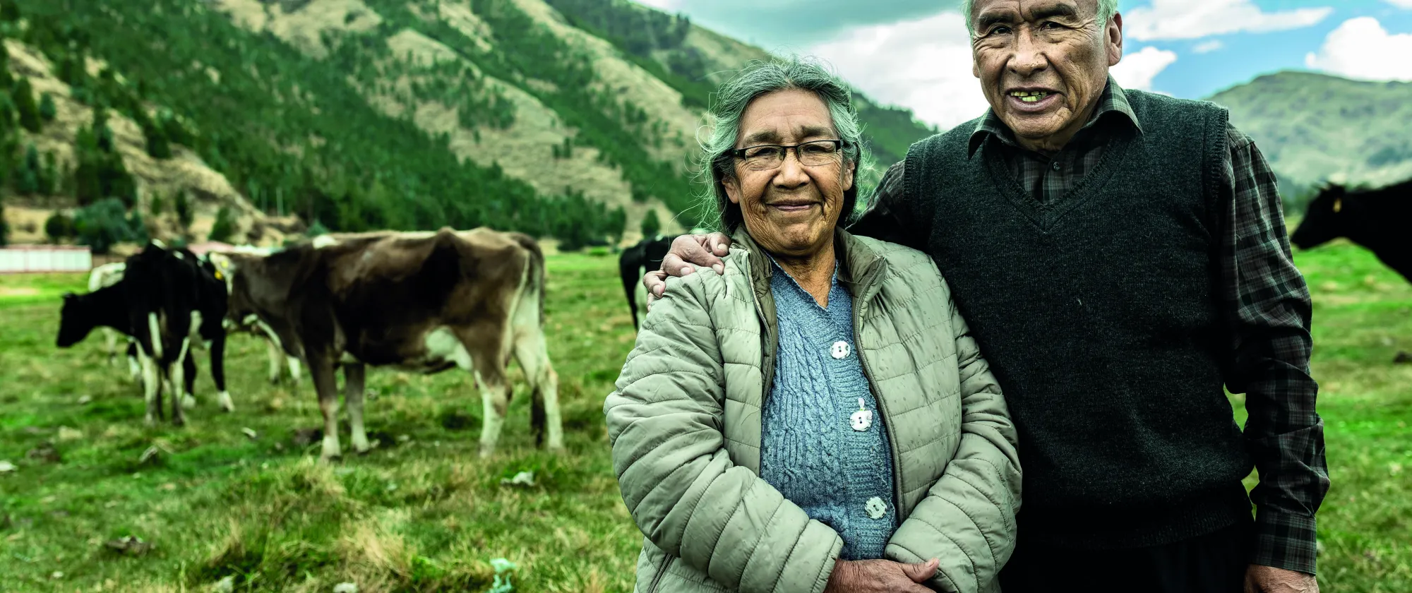 Hombre y mujer adultos mayores posan en el campo, con sus vacas pastando al fondo