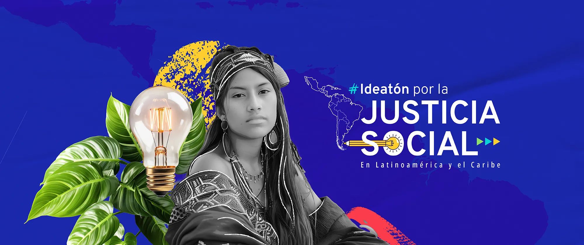 Mujer joven indígena junto al logo oficial de la primera versión del Ideatón por la Justicia Social