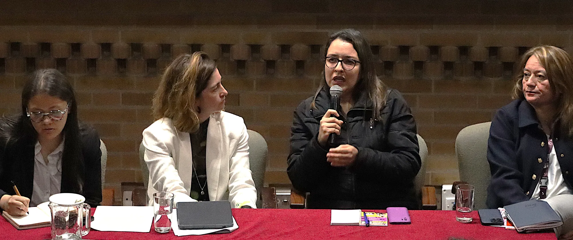 Foto de cuatro ponentes mujeres que participaron en el Encuentro de Observatorios sobre el Mundo del Trabajo en Colombia, una de ellas sostiene un micrófono