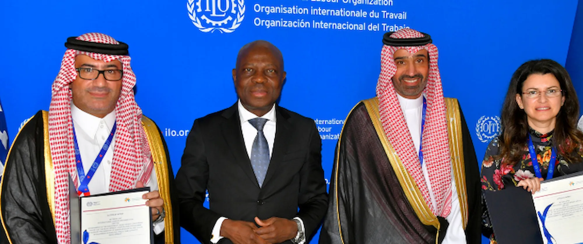 (L-R) Deputy KSA HRSD Minister Adnan Al Nuaim, ILO DG Gilbert F. Houngbo, H.E. KSA HRSD Minister Ahmed Al Rajhi, and ILO RD for Arab States Ruba Jaradat at the 111th ILC in Geneva