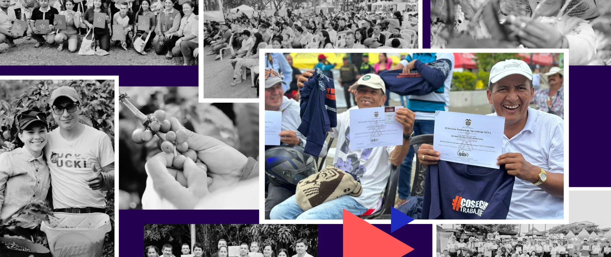Collage de cuatro imagenes de la participación de OIT en el desfile folclórico en Neiva, Huila. La primera  fotografía (esquina superior izquierda) corresponde a los integrantes del Comité Regional dafé y productores cafeteros personificados como campesinos, los cuales sostienen una pancarta horizontal que dice “Comité regional de la cadena de café del Huila. Huila, corazón cafetero de Colombia, por un sector con trabajo decente”. La segunda fotografía (esquina superior derecha) muestra a Jeny Ramírez Reyes