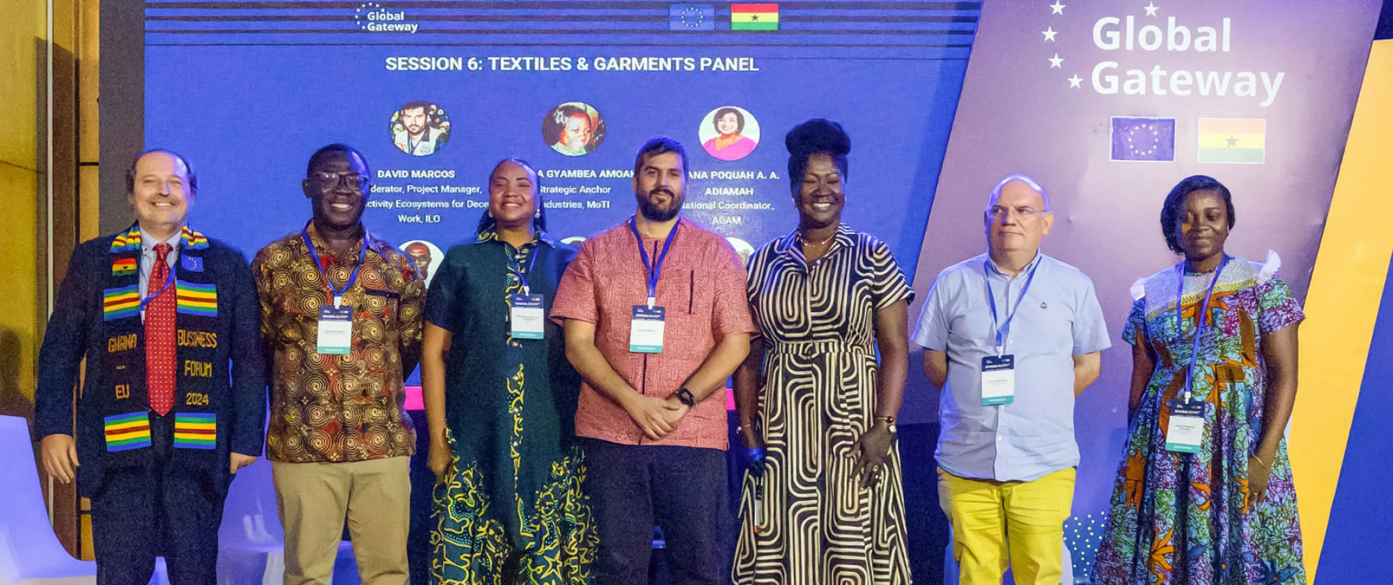 A group photo of the participants at the ILO-moderated panel on the current state of the textile and garment industry in Ghana, during the EU-Ghana Business Forum 2024