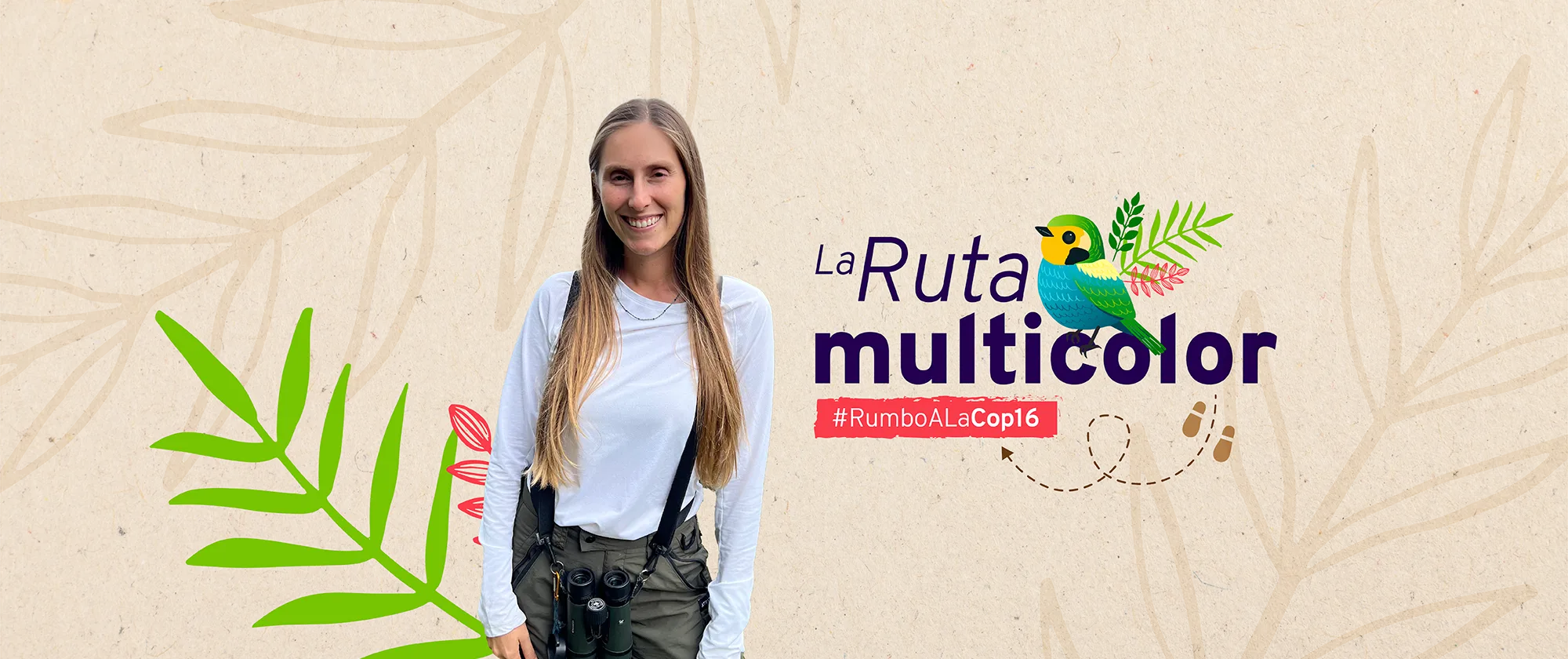 Logo de la ruta multicolor rumbo a la COP16 con una fotografía de la influenciadora ambiental Sara Constantino junto a una ilustración de la ave endémica de Colombia, Valle del Cauca, la tángara multicolor caracterizada por tener los colores amarillo, azul, verde y negro.