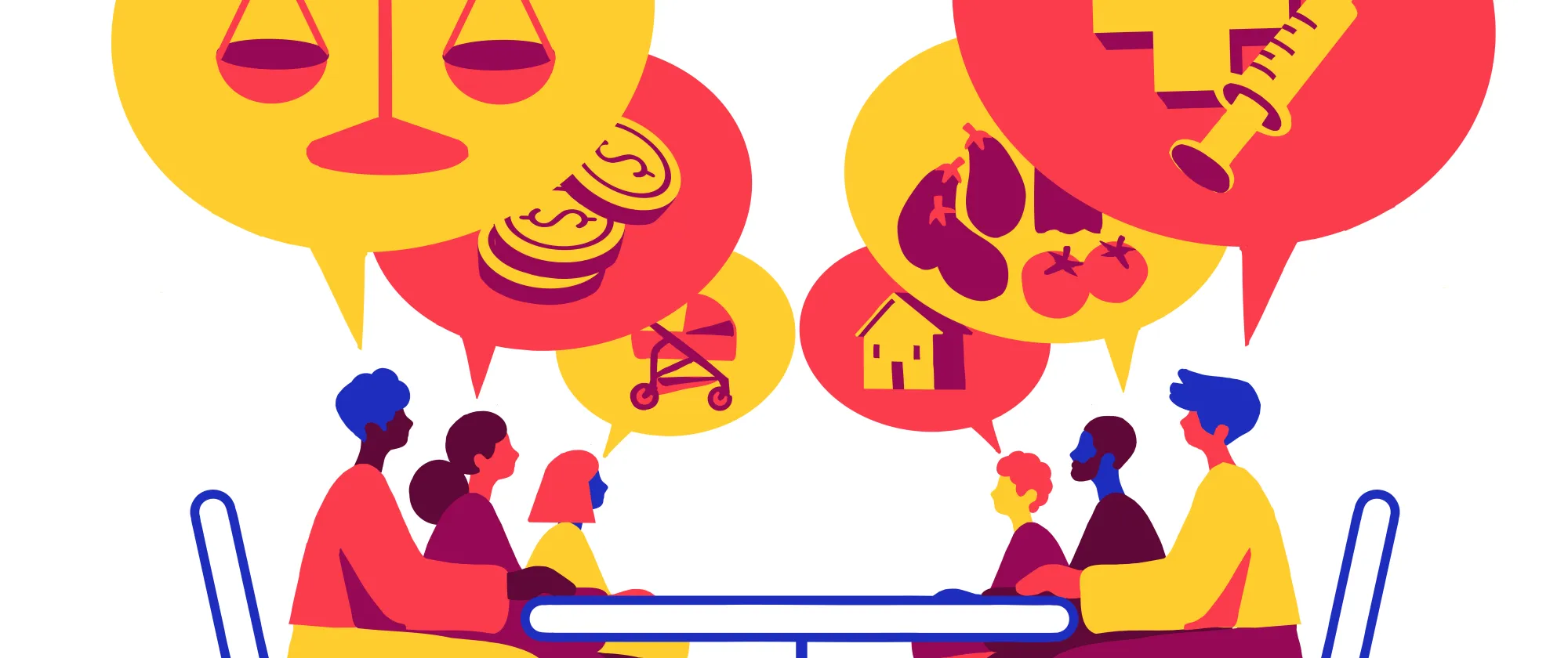 An illustration in blue, yellow and red of 6 people talking, there are chat bubbles above their head which represent different living wage topics