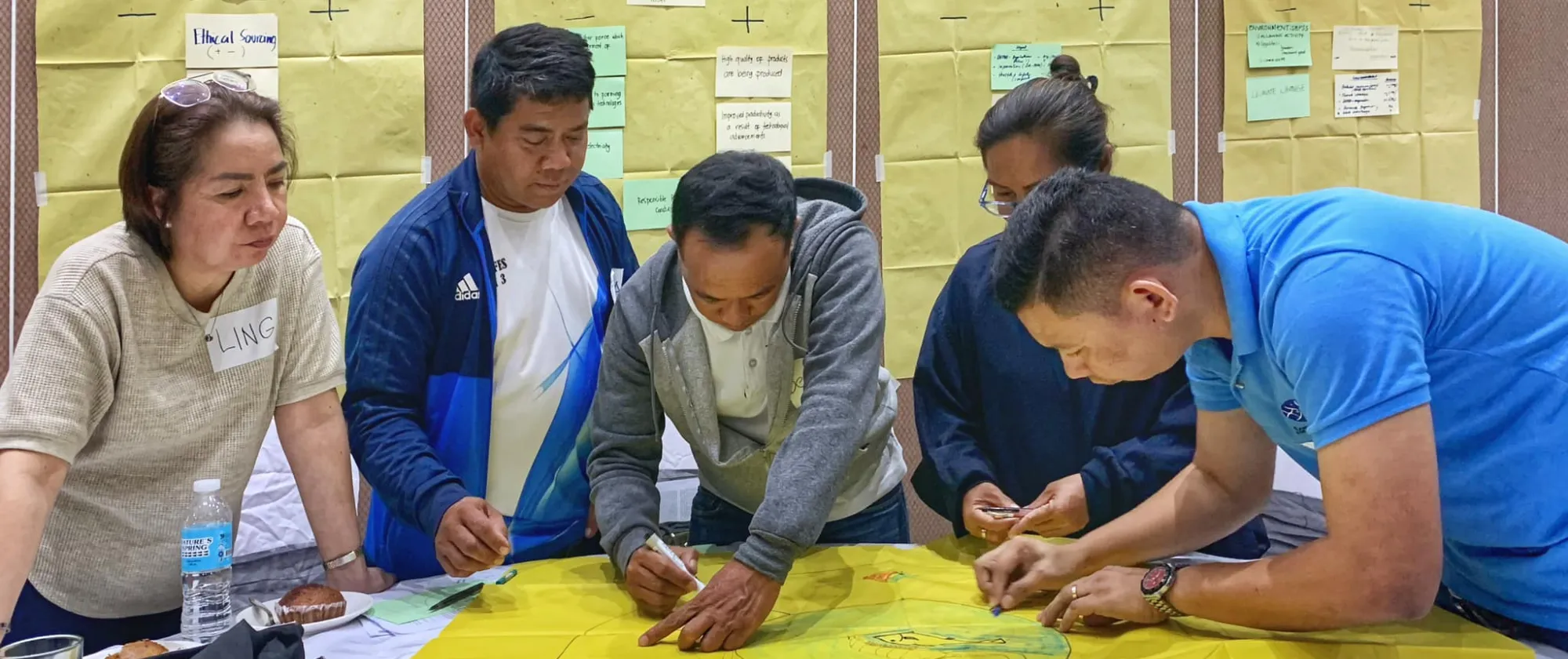five people discuss and write ideas on a paper during a training