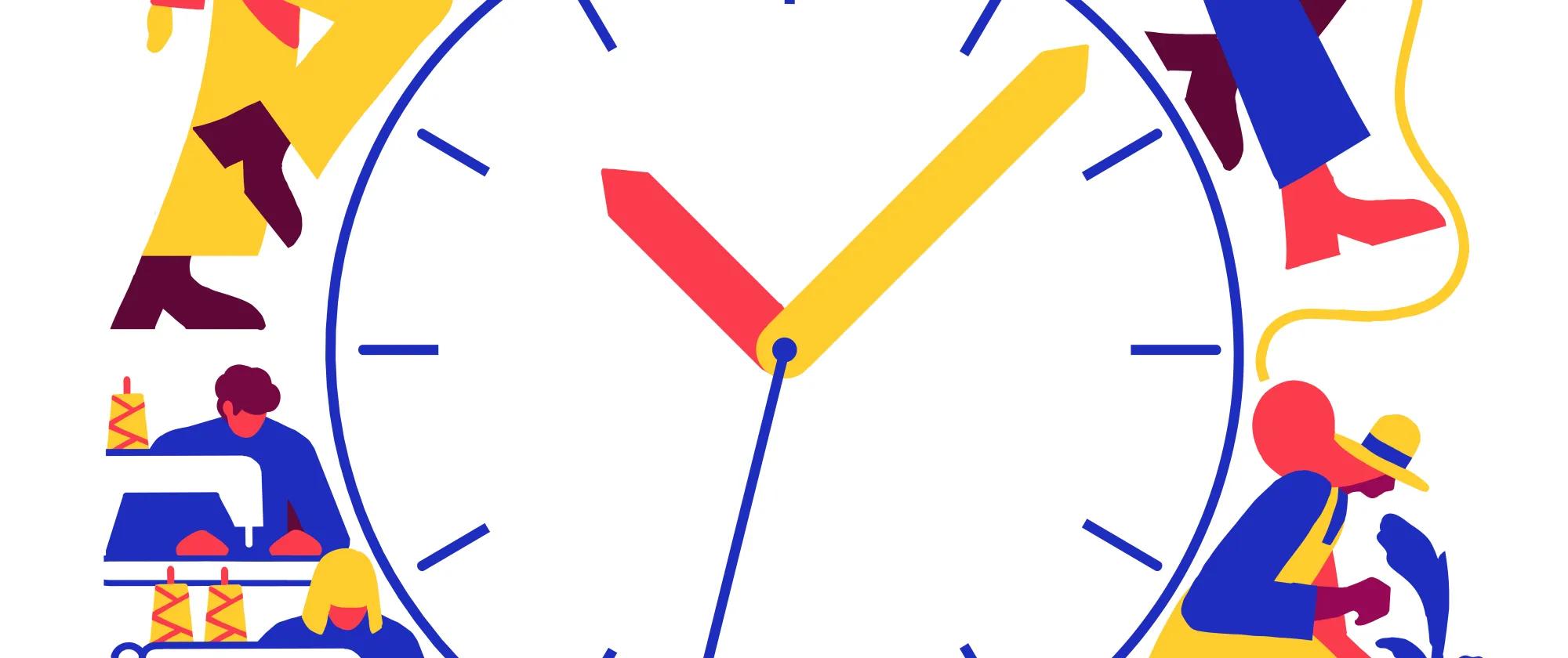 An illustration in red, and yellow depicting people being productive around a giant clock