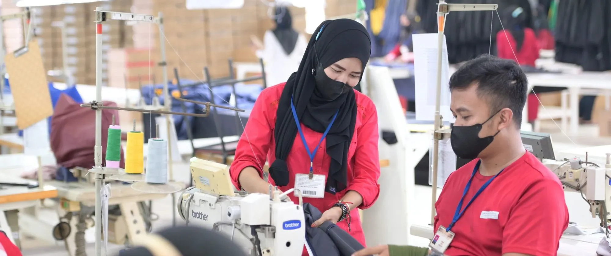 Gender equality in a garment factory in Indonesia with their mask on.