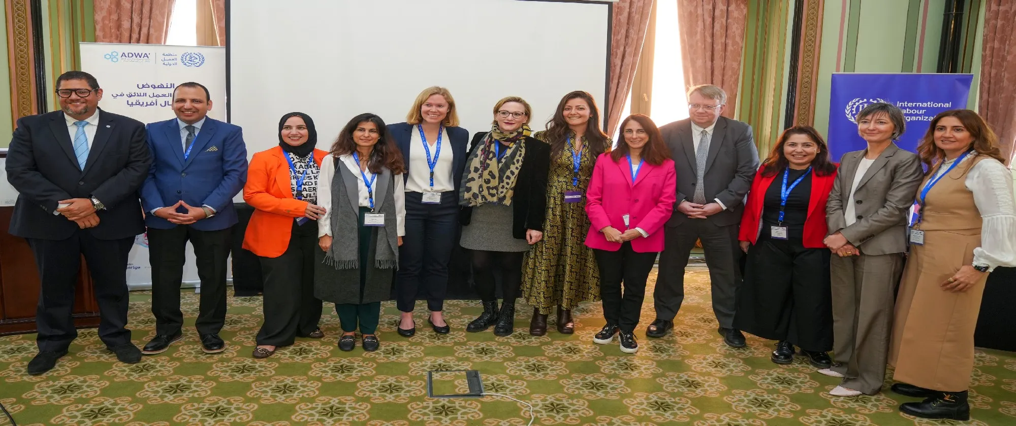 The ILO Cairo Office’s ADWA team and Geneva specialists gather for a group photo, marking a week of collaborative workshops.