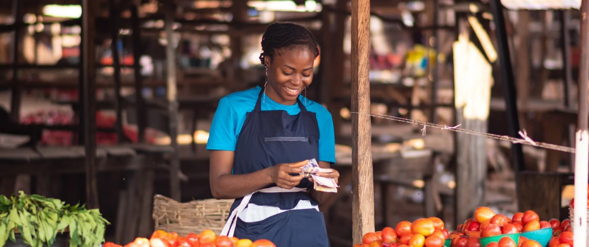 A women selling vegetables in a street stand counts money with a smile in her face