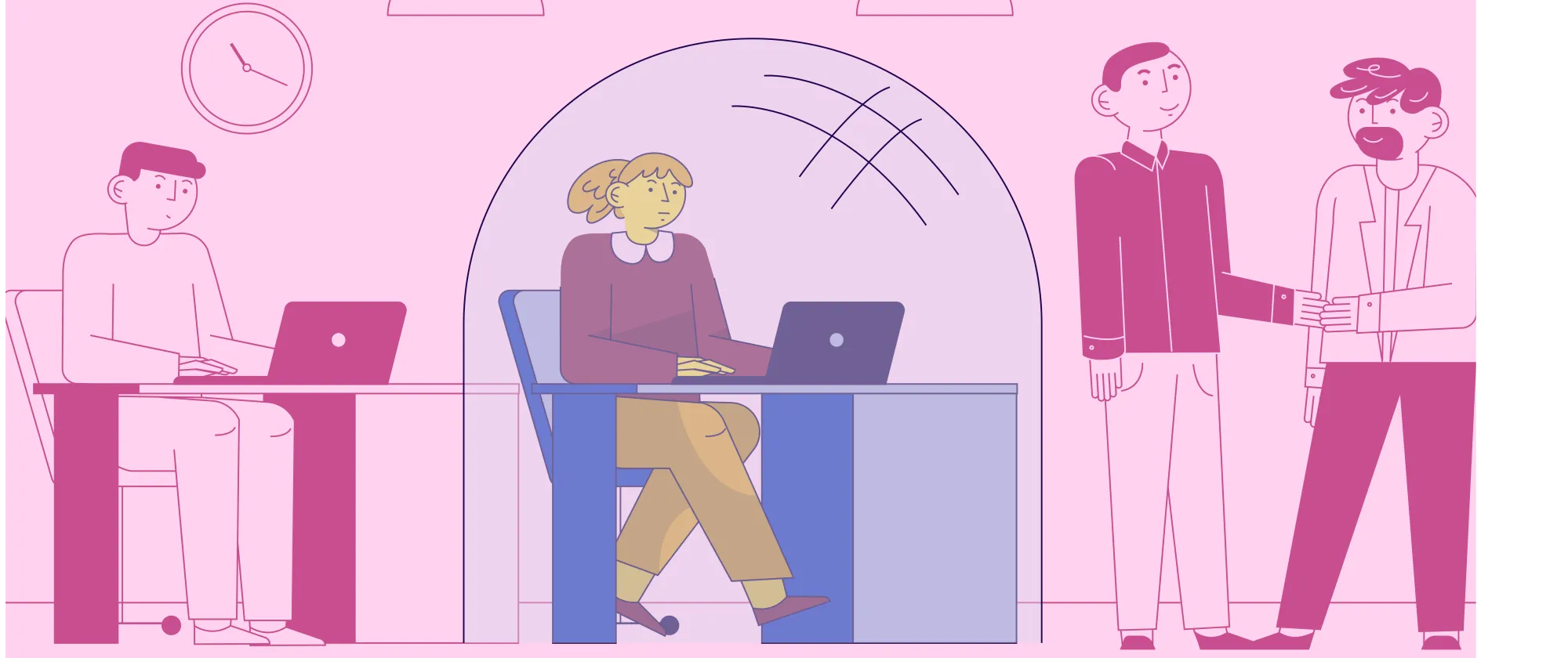 Ilustración vectorial muestra a una mujer que trabaja dentro de una burbuja rodeada de varones.