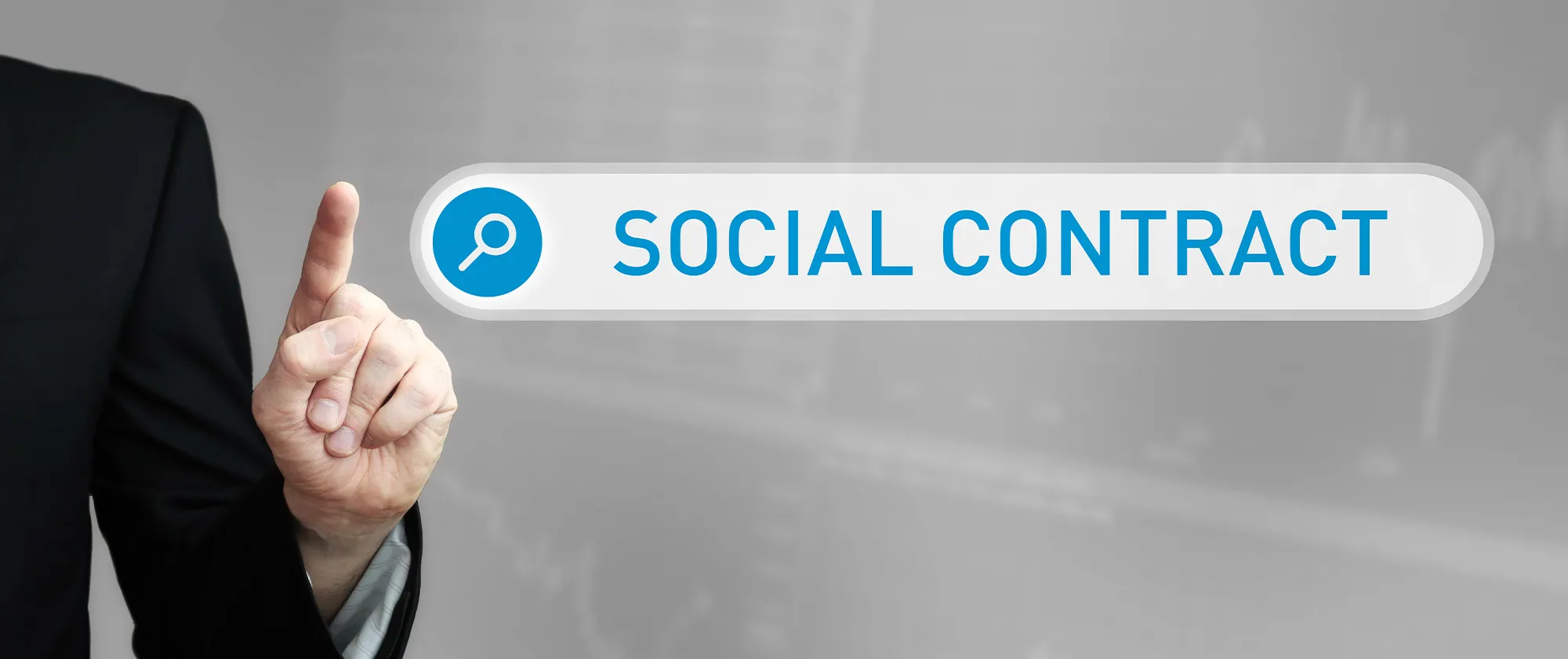 A man in a suit pointing a finger at a search box overlay with the word social contract is in the search