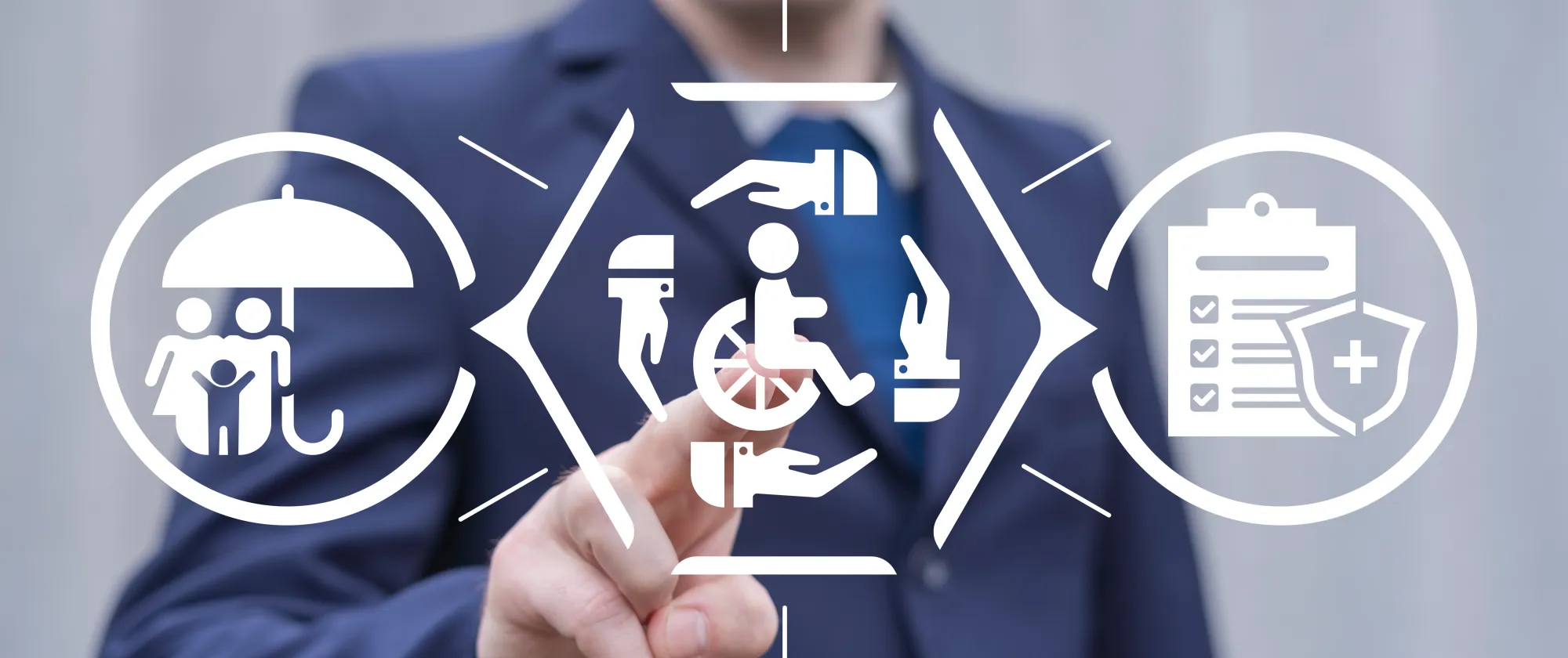 Man using virtual touch screen pressing social protection icons