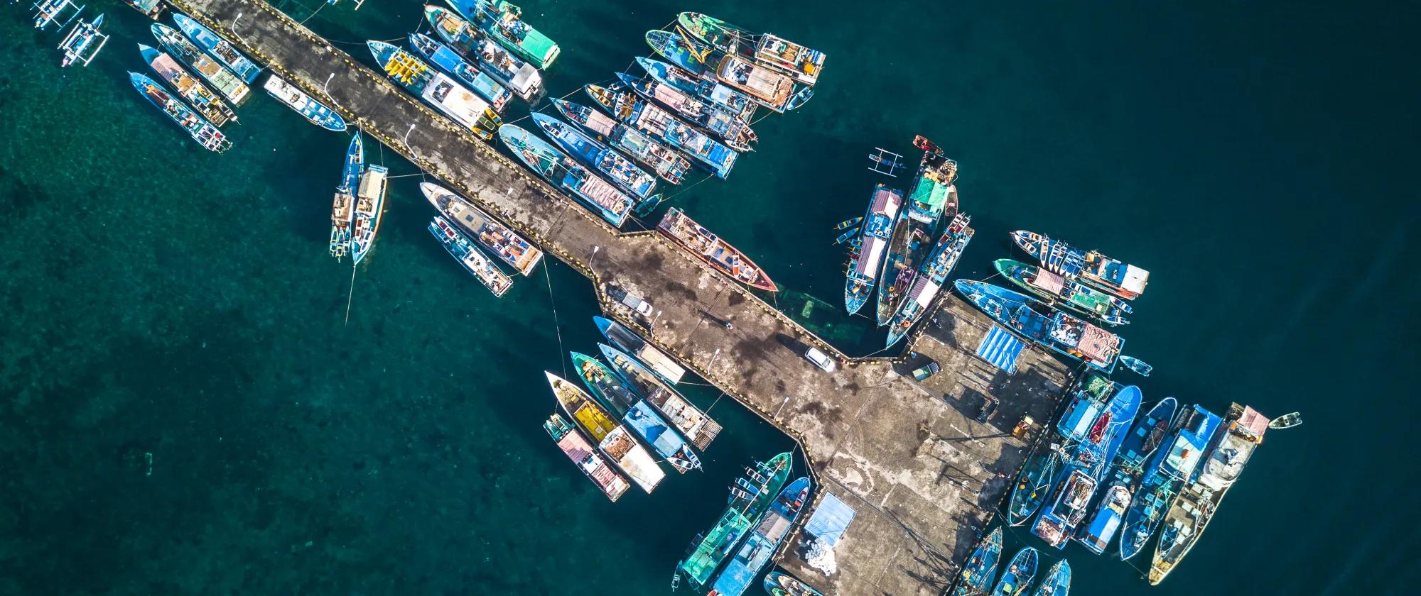 Drone image of boats docked in Indonesia