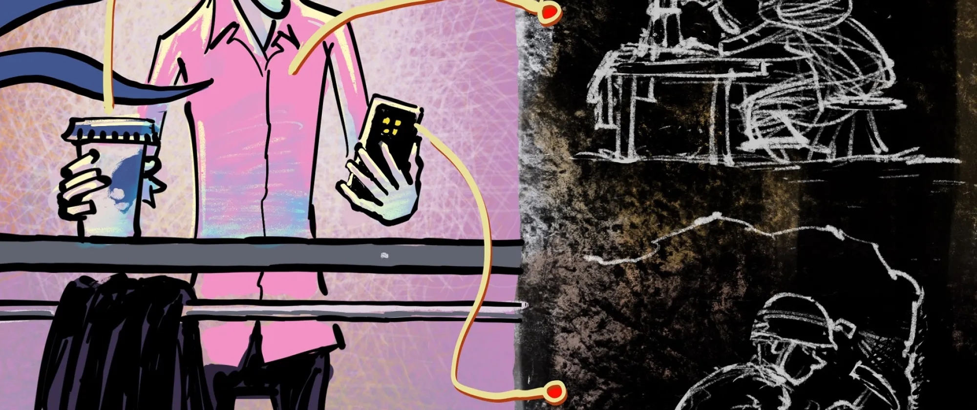 The cartoon represents a man drinking coffee while looking at his phone, with arrows pointing at the coffee, the shirt, the phone and the shoes, and linking to images of workers being exploited 