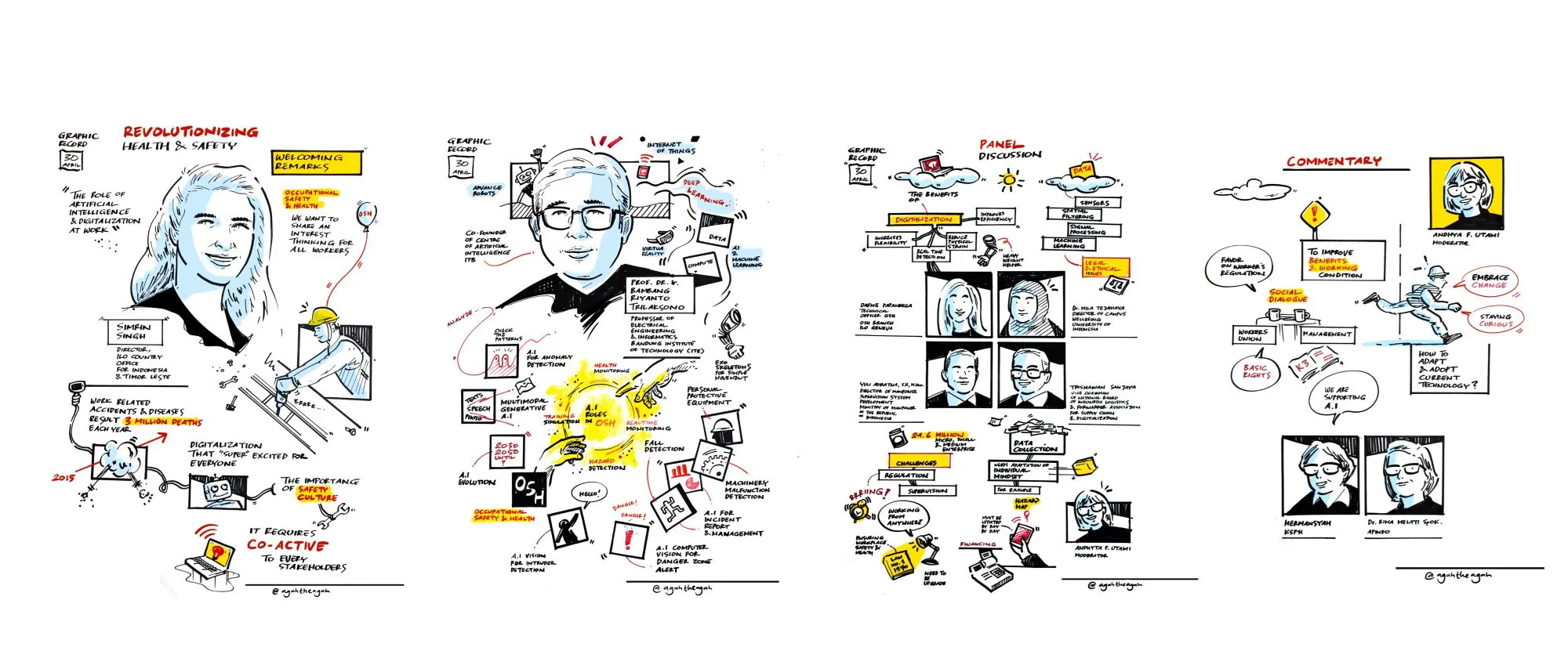 A collage of four illustrations of ILO AI Forum on OSH