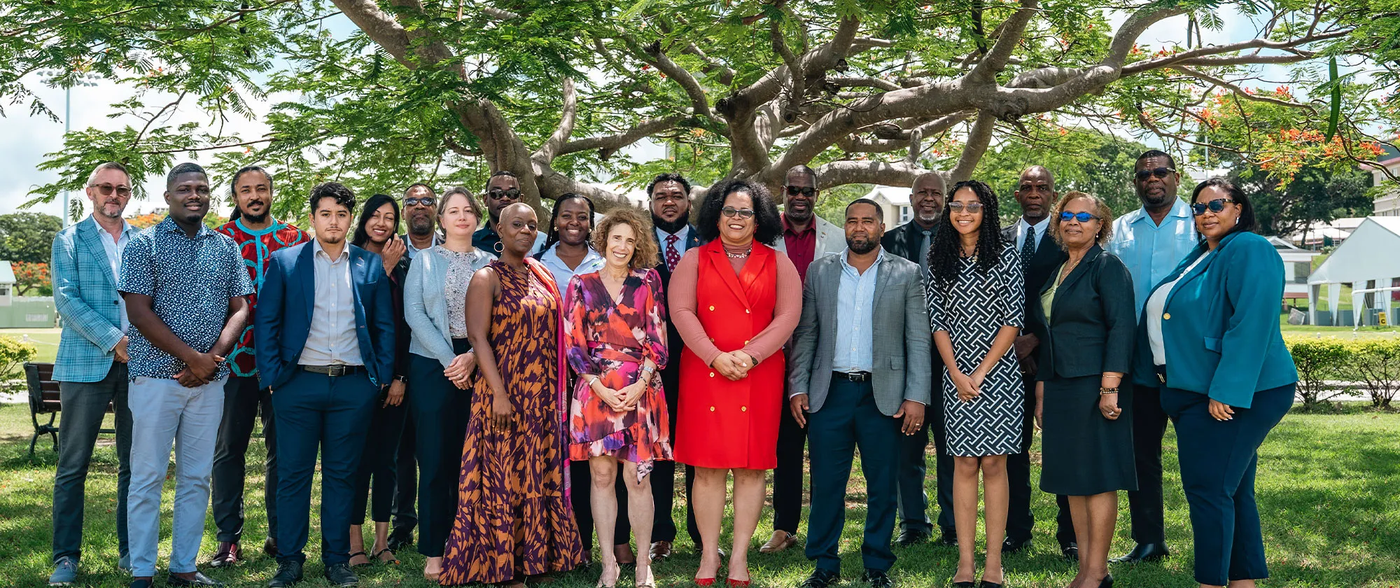 A large group of people is gathered outdoors, standing together in front of a leafy tree.