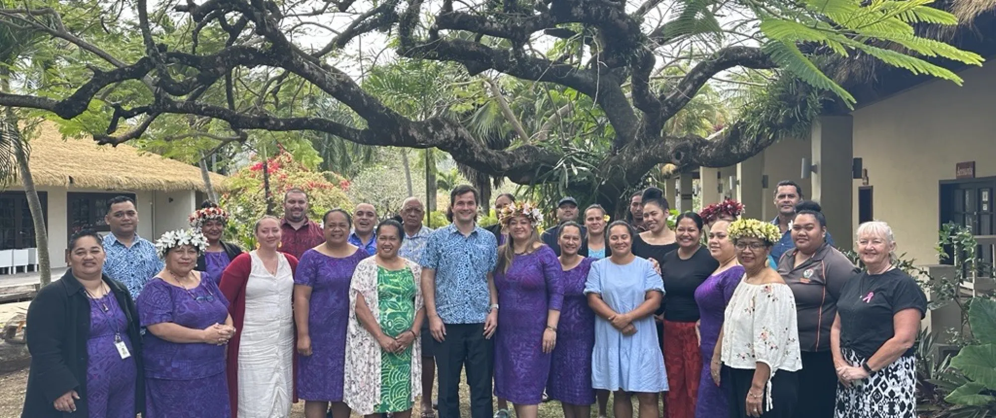 A broup of people stand under a big tree.