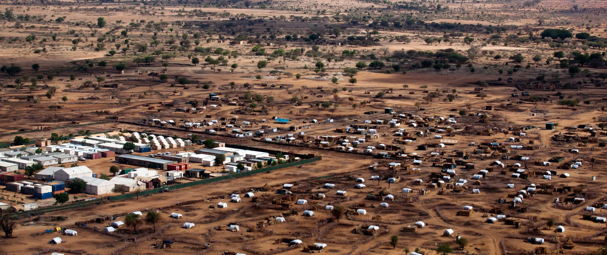 An aerial view of the refugee camp in Darfur (UNAMID) Khor Abeche camp for internally displaced persons (IDPs) in South Darfur, Sudan.