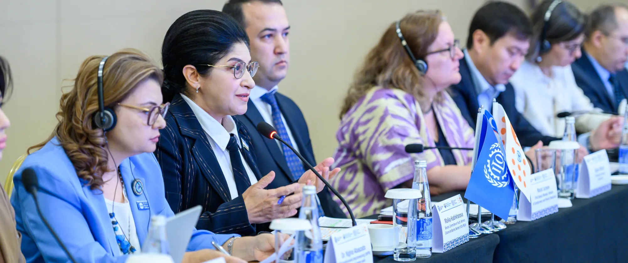 People sitting at a long table