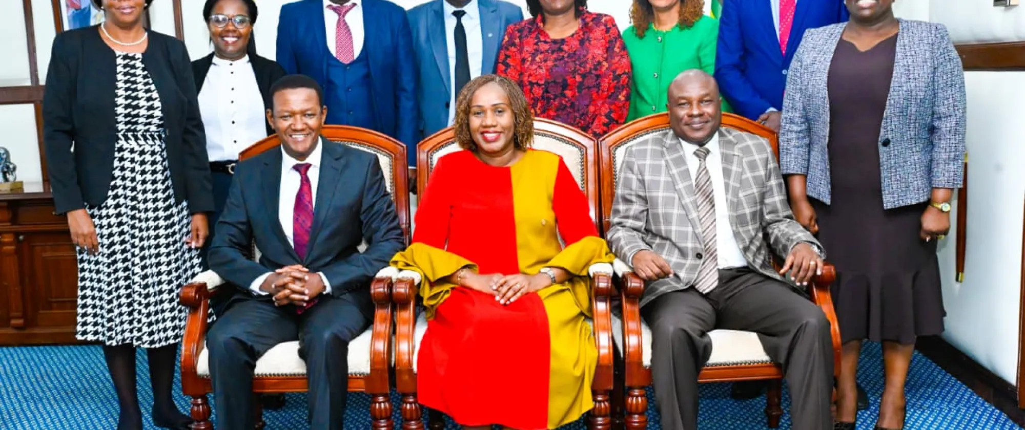 Group photo of ILO Regional Director for Africa Fanfan Rwanyindo with Kenya’s Cabinet Secretary for Labour, Dr. Alfred Mutua, and their respective teams during a courtesy call in Nairobi.