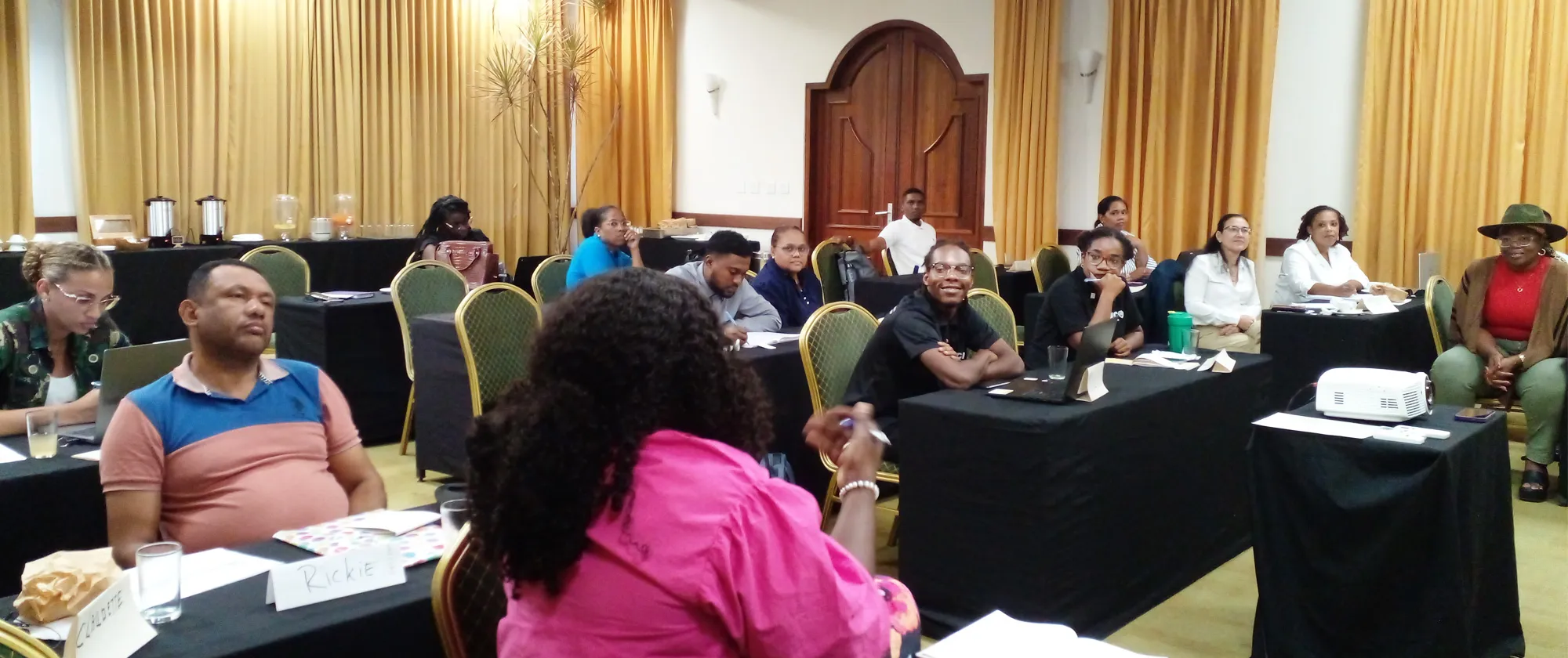 Participants seated in rows during a workshop or training session, with some taking notes and others listening attentively. A facilitator in a pink shirt is speaking from the foreground, while a projector is placed on a table at the front of the room.