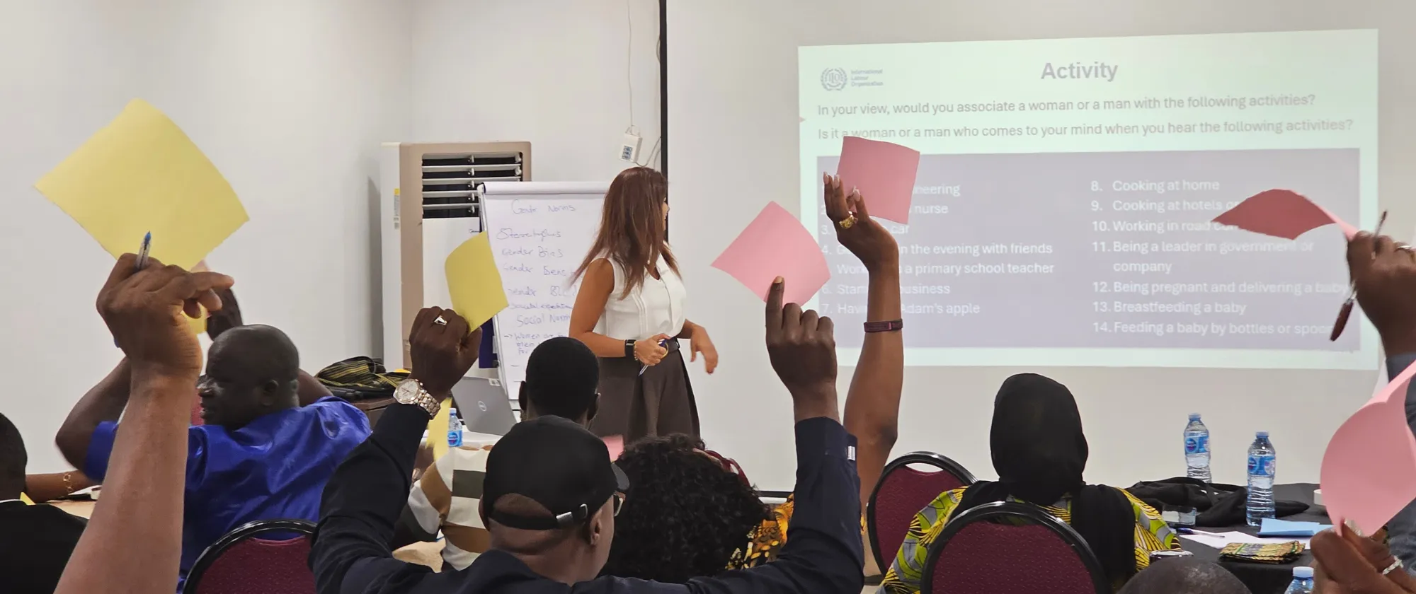 A group of participants in a workshop raise colored paper sheets during an interactive activity. A facilitator stands at the front near a flip chart and a projected slide titled “Activity,” which lists tasks for discussion.