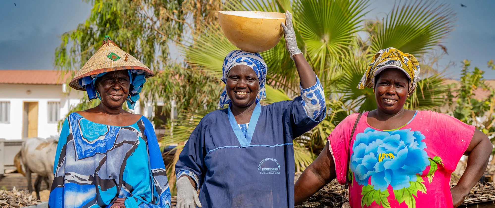 Portrait of Yaye Coumba Seck, smiling at the centre, alongside two fellow members of the women’s fish-processing cooperative in Mbao. (Mbao, Dakar, Senegal, 2025)