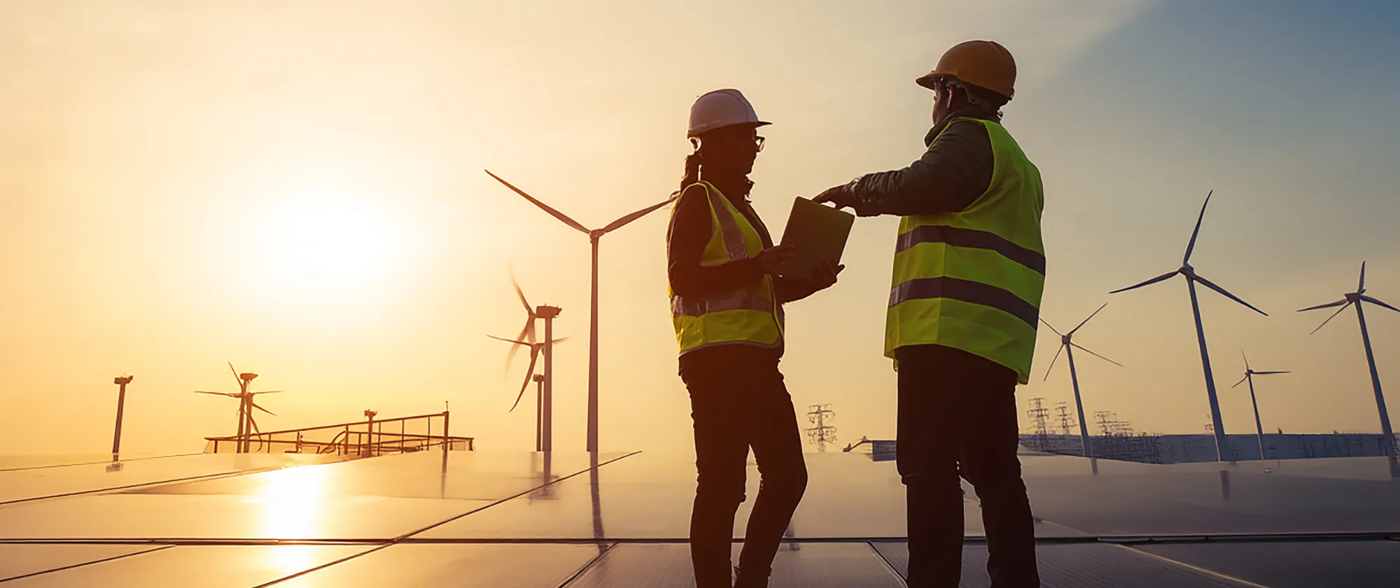 Dos personas con casco y chalecos de seguridad revisan una tablet en una planta de energía renovable al atardecer, con aerogeneradores y paneles solares al fondo.
