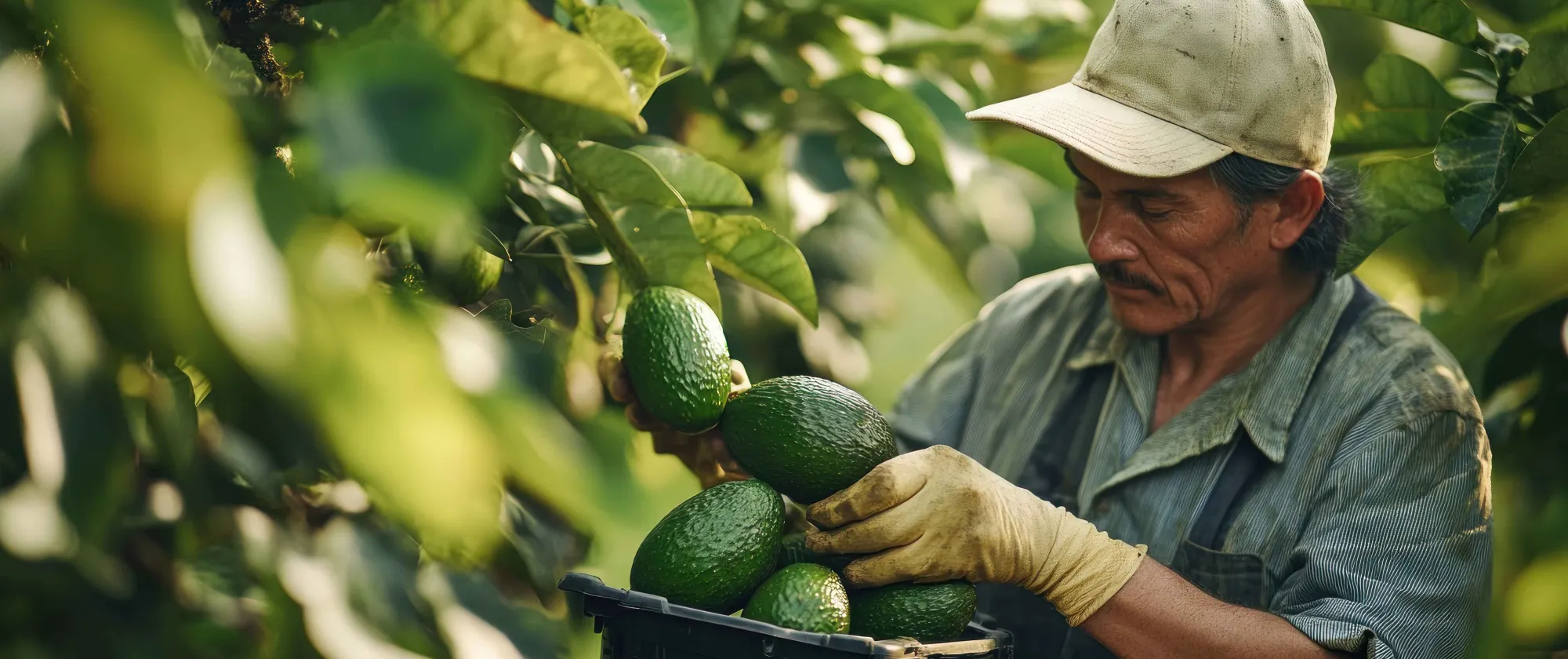 Hombre cosechando aguacate en Guatemala
