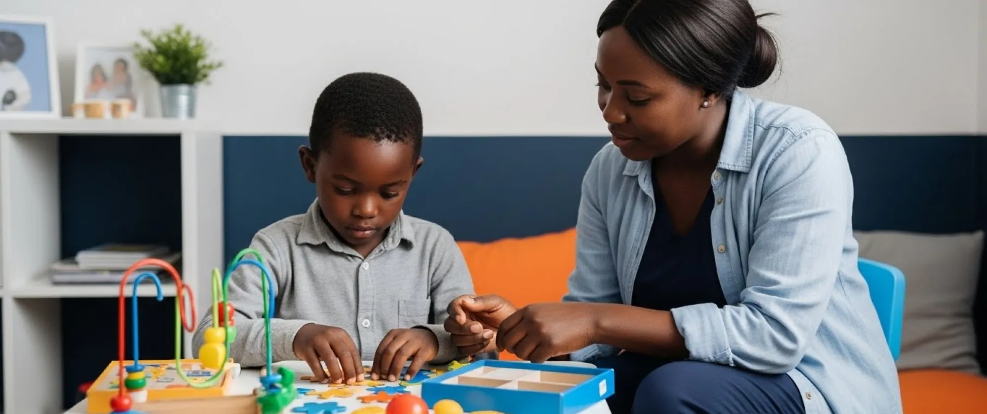 A domestic worker engages a child in a learning and play activity, highlighting the essential role domestic workers play in supporting inclusive care within households.