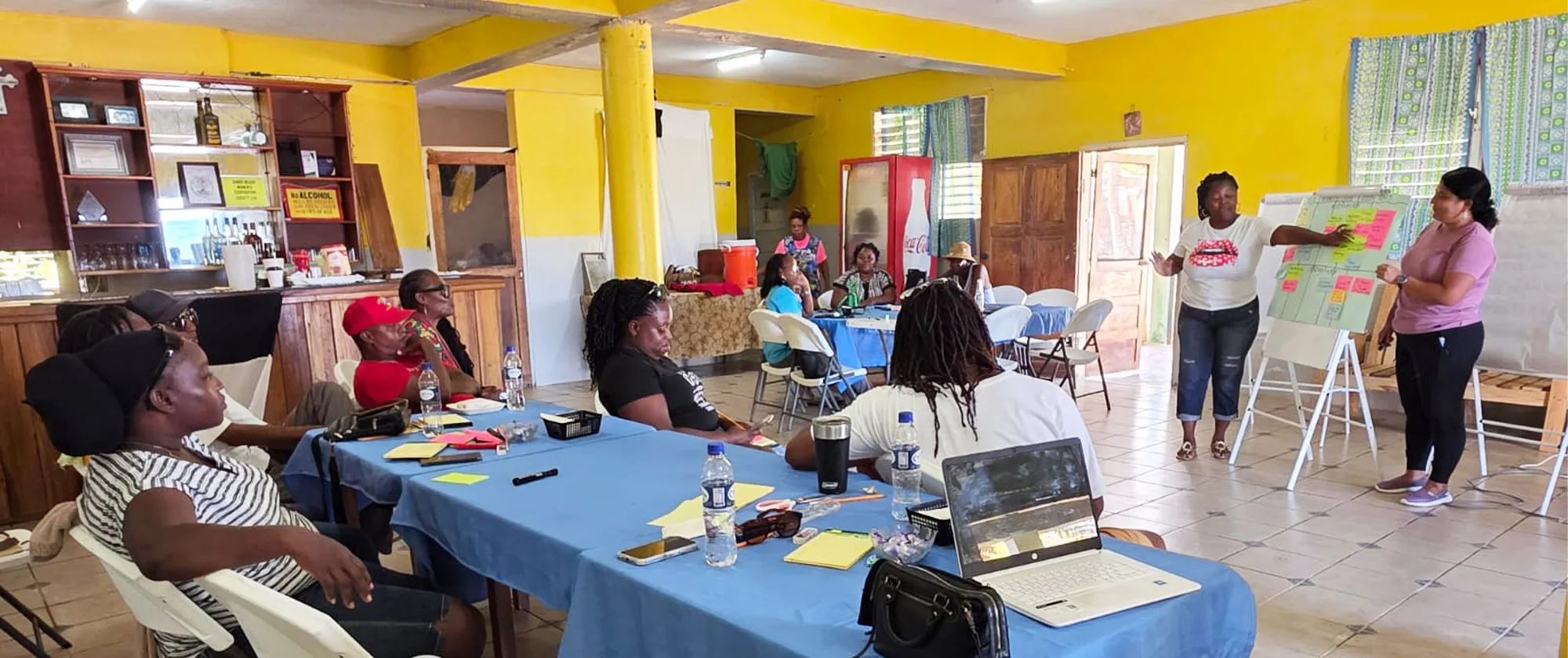 Workshop in progress: participants at round tables with bottles of water and notebooks, while two instructors discuss ideas using a large chart on an easel.