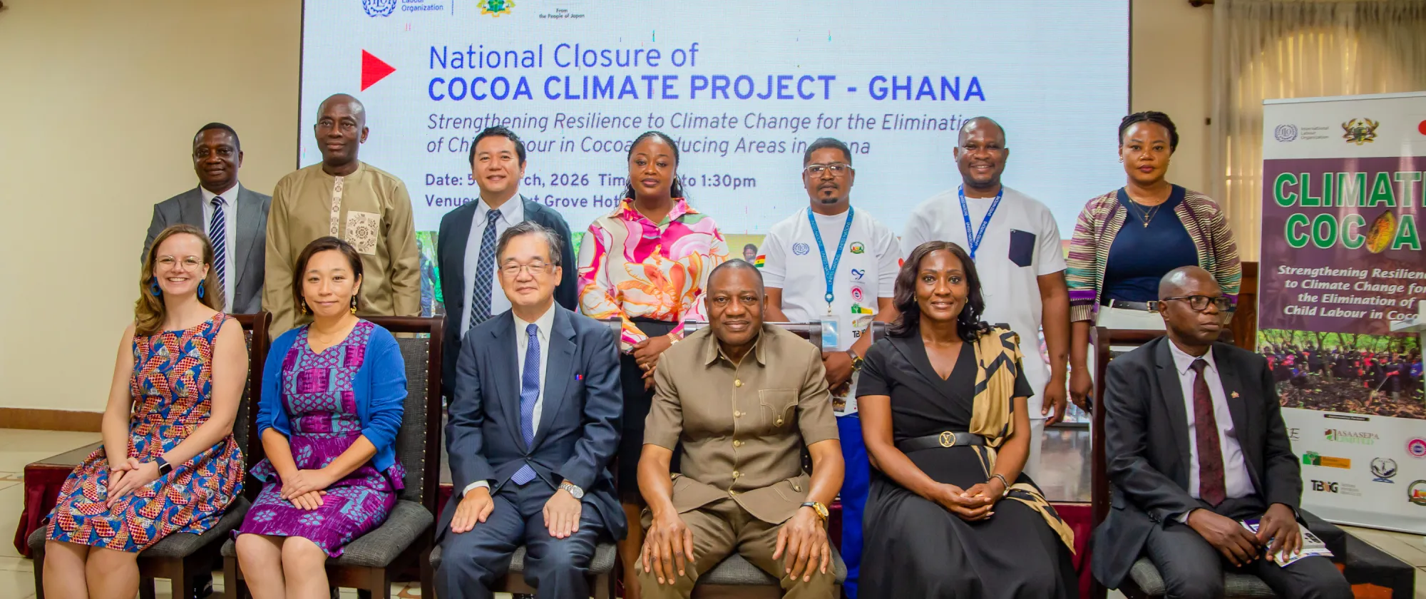 Participants gather for a group photo at the national closure event of the CLIMATE-Cocoa Project in Accra, Ghana.