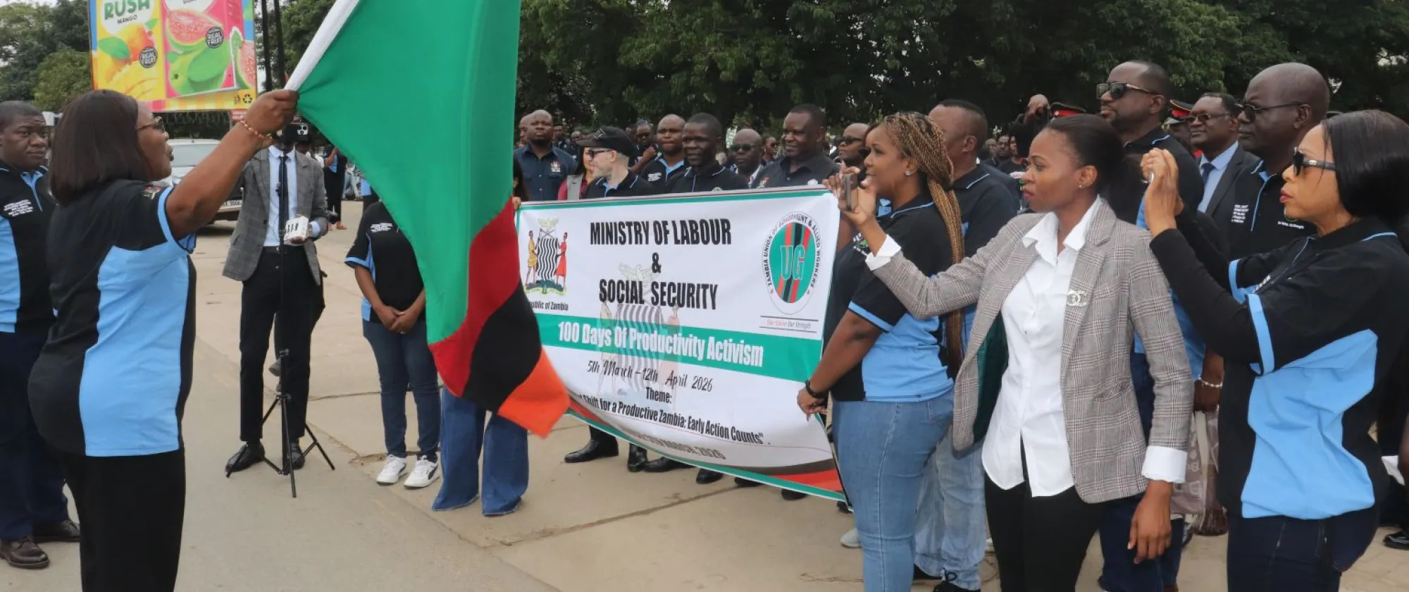Minister of Labour and Social Security, Honourable Brenda Tambatamba flag-off the march past to launch the ‘100 Days of Productivity Activism’ in Lusaka.