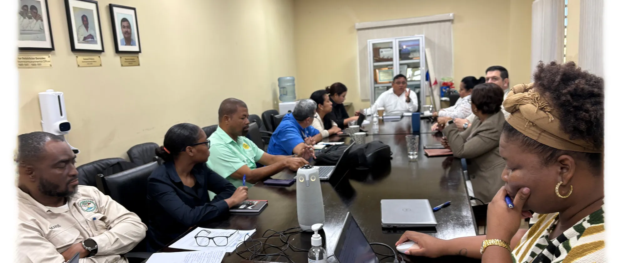 Participants attend a Steering Committee meeting for the ILO's PROSPER project in February 2026. The group, representing a mix of government, employer, and worker stakeholders, is engaged in discussion around a conference table equipped with laptops and meeting materials.