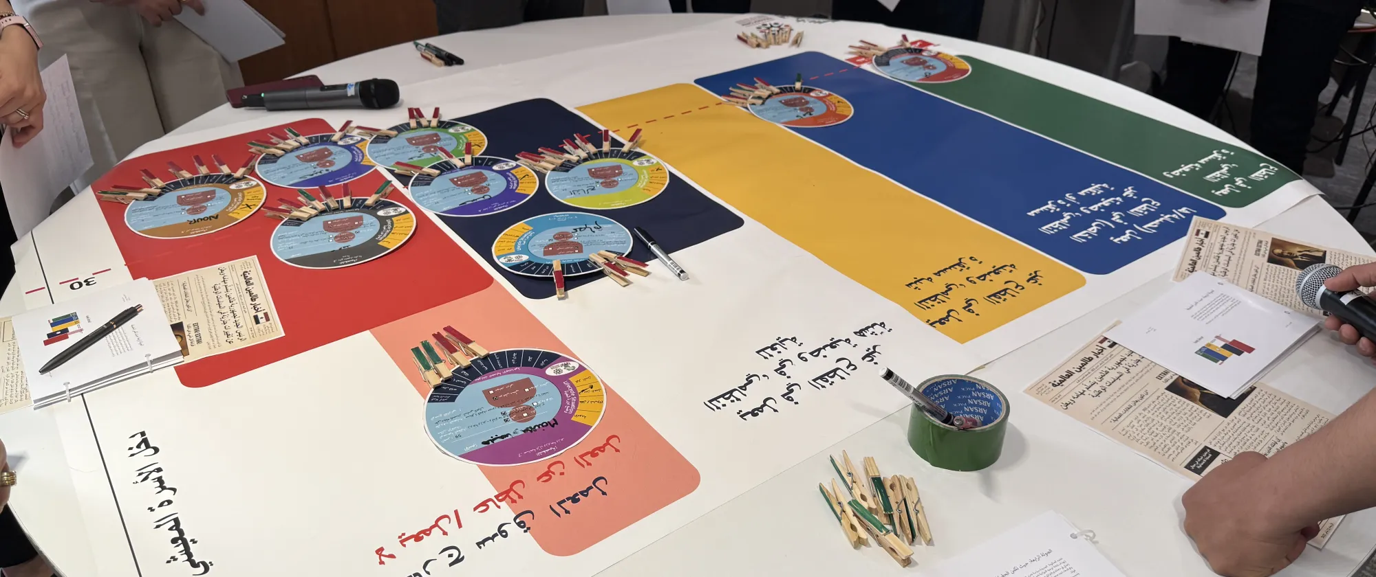 a table with posters an documents from the training material