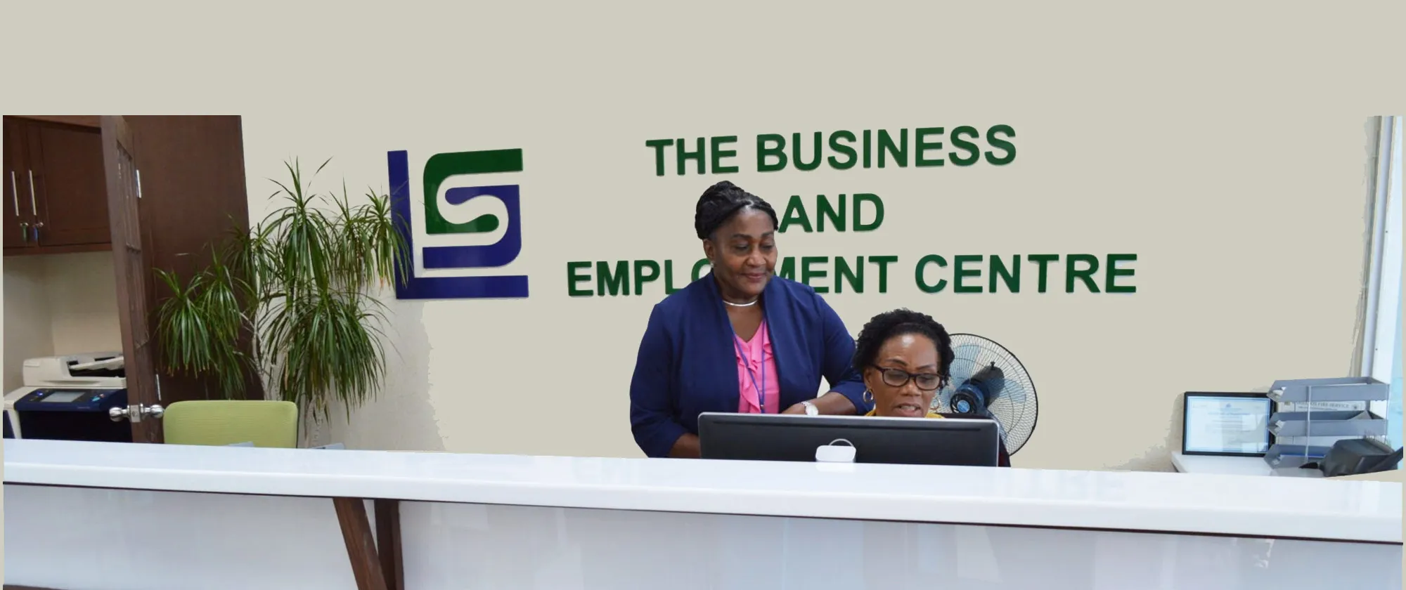 Two women of African descent are focused on a computer screen. One woman is seated, wearing glasses and a yellow top, while the other stands behind her, leaning in slightly to look at the monitor. She wears a navy blue blazer over a pink blouse. Behind them, a large wall sign displays a blue and green stylized "LS" logo alongside the bold green text: "THE BUSINESS AND EMPLOYMENT CENTRE."