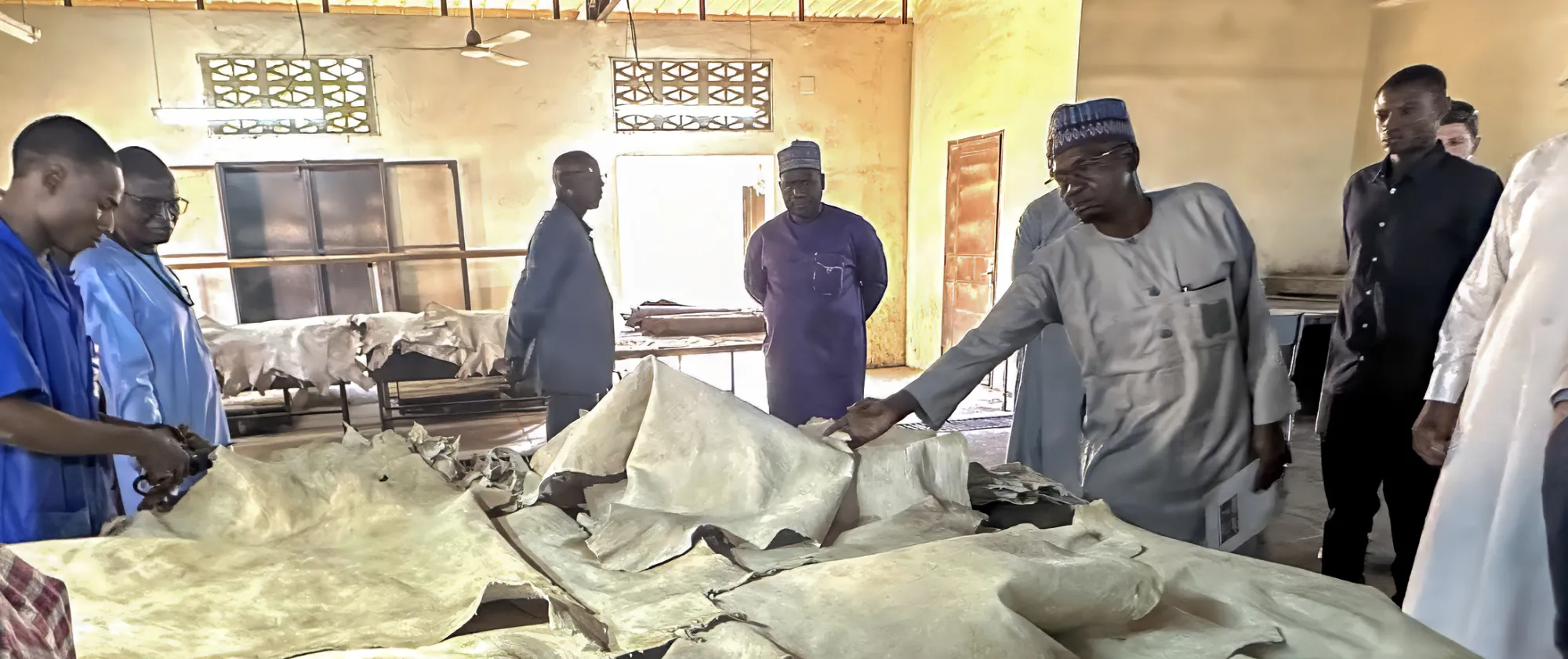 Des participants visitent un atelier de traitement des cuirs et peaux au Niger, autour de grandes pièces de cuir disposées sur des tables de travail.