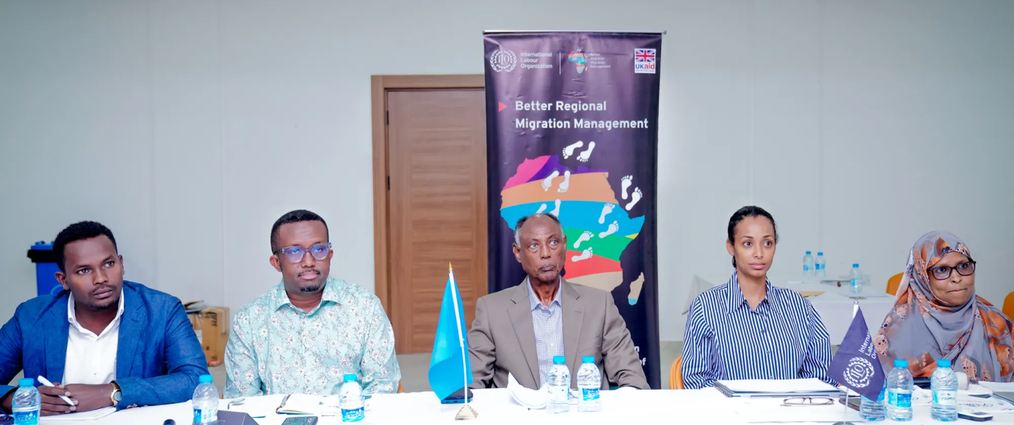 From left to right: Abdirizak Osman, a directing manager of SCCI, Omar Faruk SG - FESTU, Prof Salim Alio Ibro, Minister, MOLSA.  Ms Kidest Getahun, Technical Officer, ILO.